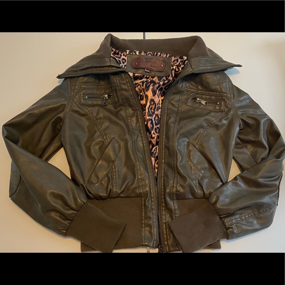 Lightly Used Leopard and Army Green Bomber Jacket